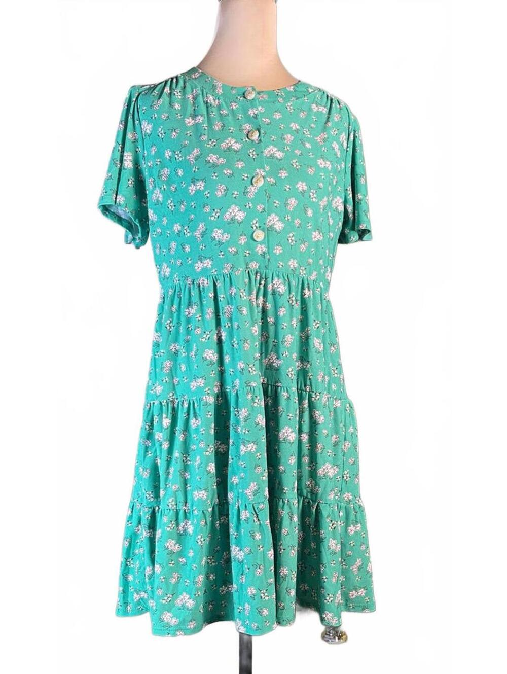 Monteau Green Floral Midi Dress Size Large with Gold Bow Buttons
